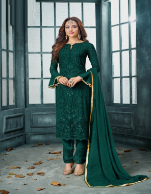 green top- heavy faux georgette with embroidery work with santoon inner attache i bottom- embroidery work lace with santoon i top inner- santoon with joint i bottom- santoon without stitching i dupatta- heavy nazmeen i length- max upto- 46