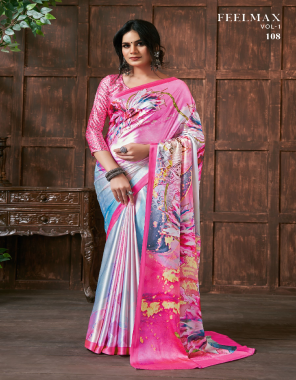 pink japan satin saree fabric printed work  work casual 