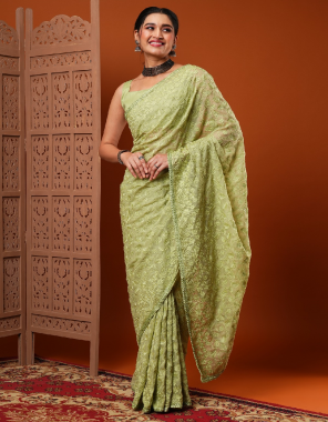 green organza embroidered designer saree with blouse piece  fabric embroidery work  work festive  