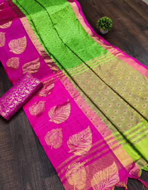 green banarasi silk saree with unstitched blouse  fabric weaving work  work festive  