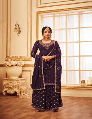 purple top- heavy faux georgette with embroidery work glitter squence work i top inner- heavy santoon silk without join top i dupatta- heavy faux georgette with embroidery work + 4 side chain stitch work lace i bottom- heavy faux georgette 2.30 m i bottom inner- heavy satin 2.10 m i length- max upto 44