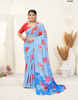sky blue georgette geometric printed saree with unstitched blouse piece i saree- 5.50 m i blouse- 0.80 m  fabric printed work  work wedding 