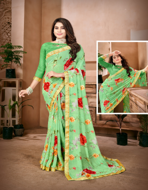 green georgette floral printed saree with unstitched blouse piece i saree- 5.50 m i blouse- 0.80 m  fabric printed work  work running 
