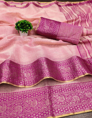 pink linen tissue rani jacquard border fabric jacquard work work party wear 