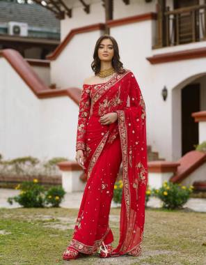 red saree- heavy georgette embroidery zari and sequence with moti work i blouse- heavy mono bnaglory silk embroidery zari and sequence work i blouse unstitched in 1 m on blouse with lace ( master copy ) fabric embroidery work  work festive  