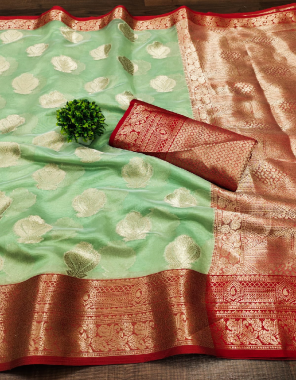 green soft organza red border butta with brocade blouse and heavy pallu  fabric jacquard work  work casual 