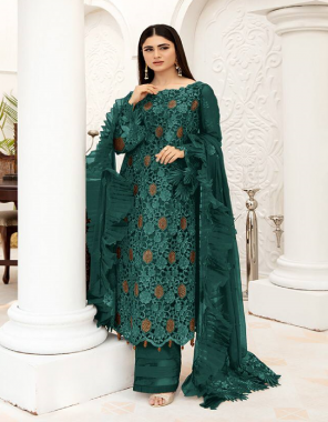 green top- heavy butterfly with embroidery 3mm sequence full heavy work i bottom- heavy santoon silk i dupatta- heavy butterfly with embroidery 3mm sequence full heavy work 4 side plitting neta i top length- max upto 44