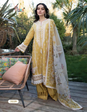 yellow top- cotton with self embroidery i bottom- semi lawn i dupatta- chiffon ( pakistani copy ) fabric embroidery work  work festive  