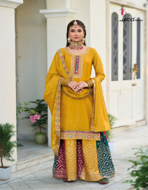 yellow top- baluming chinon with embroidery work ( unstitch ) i dupatta- bluming chinon with embroidery work i bottom- bluming chinon with embroidery ( front & back work ) free size upto 3xl fabric embroidery work  work running 