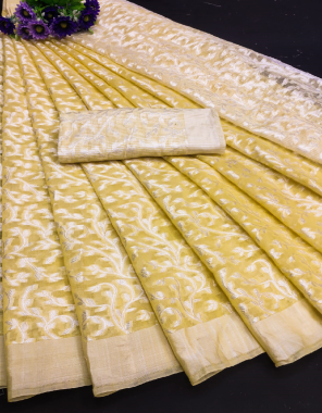 yellow cotton brasso rich jaal jamdani silk  fabric weaving work  work casual 