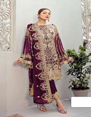 purple top- heavy georgette with embroidery work with sequence + heavy stone work i bottom- heavy pure silk santoon with embroidery work patch i dupatta-  heavy georgette with embroidery work i length- max upto 42