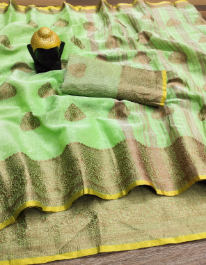 green linen tissue brown butta fabric jaquard  work festive 