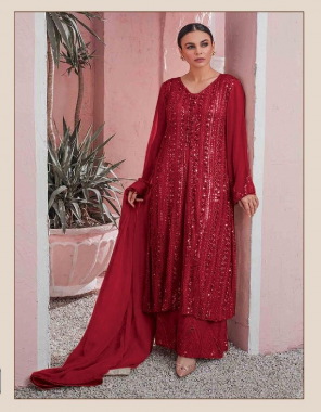 red top- heavy faux georgette with embroidery work with sequence i bottom- heavy silk santoon with embroidery work patch i dupatta- heavy nazmeen dupatta i size- 0.80 point front i additon- bottom patch i semi stiched ( pakistani copy ) fabric embroidery  work festive 