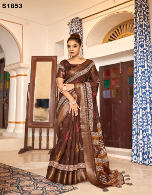 brown poly cotton printed saree with unstitched blouse piece i saree- 5.50 m i blouse- 0.80 m  fabric printed  work party wear 