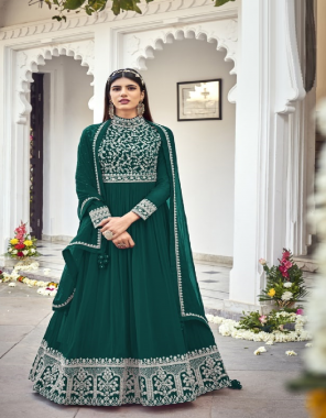 green top- heavy faux georgette with embroidery cording + sequence i bottom- heavy santoon silk 2.25 m i top inner- heavy santoon without joint top i dupatta- heavy faux georgette without embroidery cording with sequence work 4 side lace i length- max upto- 57