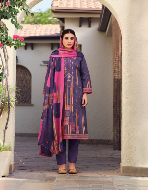 purple top- cotton digital print with exclusive heavy self embroidery (2.50 m) i dupatta- cotton muslin dupatta digital print (2.30 m apx.) i bottom- cotton (3 m apx) fabric embroidery work  work running  