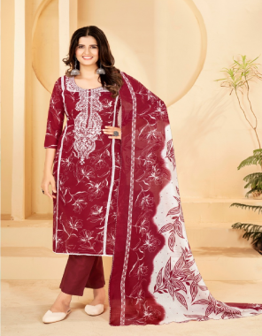 maroon top- soft cotton with thread embroidery work i bottom- cotton solid dyed i dupatta- cotton kota chex print  fabric embroidery work  work casual 