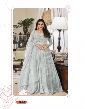 grey top- heavy faux georgette with embroidery sequence work sleeves- heavy butterfly net i bottom- heavy santoon silk bottom 2.25 m i top inner- heavy santoon without joint top i dupatta- heavy butterfly net with embroidery work with sequence work 4 side lace i length- max upto 62