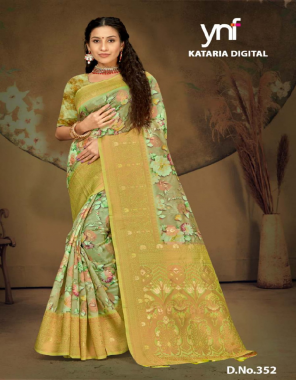 yellow heavy banarasi weaved saree with fancy digital print designs with jhalar  fabric weaving work  work festive 