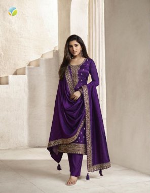 purple embroidered silk georgette with santoon inner & bottom fabric embroidery  work festive 