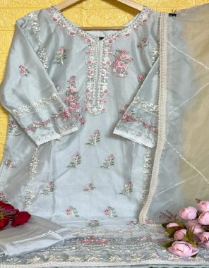 grey top- pure organza with heavy embroidery & heavy khatli work with heavy inner i bottom- viscous silk heavy i dupatta- organza with heavy embroidery with frill fabric embroidery work  work casual 