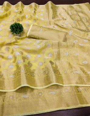 yellow linen soft tissue jari with brocade blouse and heavy pallu fabric jacquard work  work party wear  