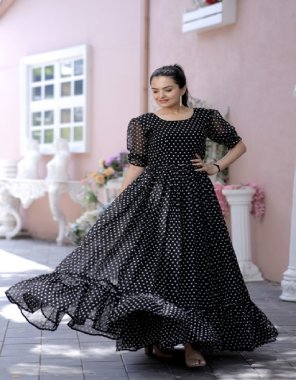 black faux georgette with rich dot printed work with frills i sleeves- fancy puff sleeves i length- 56