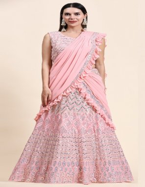 pink lehenga- viscose georgette fabric with sequin embroidery work with drape style in lehenga i blouse- exqusite sequin embroidery work i size- 38 ready i 2-2 inch margin extended to 42 i sleeves inside  fabric embroidery  work party wear  