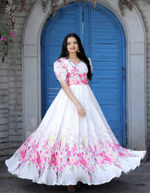 white maslin cochet with rich digital print on top & chinon floral print with crush pleating i length- upto 56