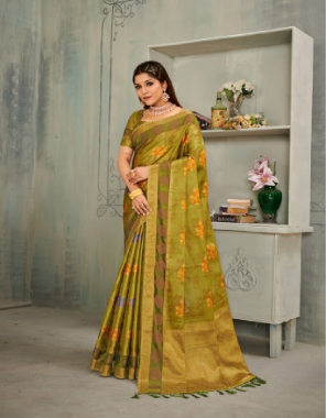 mahendi organza silk heavy rich pallu saree with unstitched blouse piece  fabric printed  work casual 
