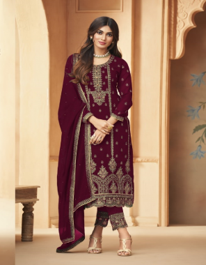 maroon top- heavy faux georgette with embroidery thread work i bottom- heavy faux georgette with full heavy embroidery thread work (2.30 m) i top inner- attach heavy santoon i bottom inner- heavy santoon i dupatta- heavy faux georgette with embroidery & swarovski daimond work i length- max upto 44