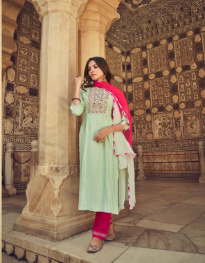 green top- heavy rayon with fancy embroidery work and khatli handwork mirror i bottom- rayon with fancy embroidery work lace pant i dupatta- nazmeen with four side lace border  fabric embroidery  work running 