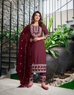 maroon top- rayon 14 kg with sequence embroidery work i bottom- rayon 14kg with sequence embroidery work i dupatta- heavy nazmeen dupatta multi sequence work i length- 46