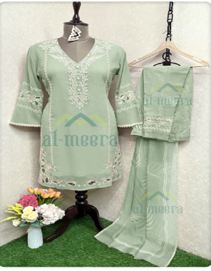 green top- faux georgette with innere i bottom- strechable cotton with embroidered patch i dupatta- digitally printed organza  fabric embroidery  work festive 
