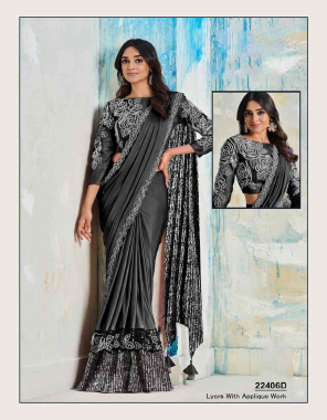 black saree- lycra i blouse- lycra i work- applique work , floral design blouse , embroidered i blouse stitched- upto 38 inch with margin of 02 inch   fabric embroidery  work festive  