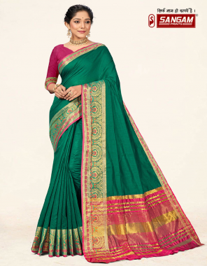 green casual wear cotton saree with unstitched blouse piece  fabric plain work casual 