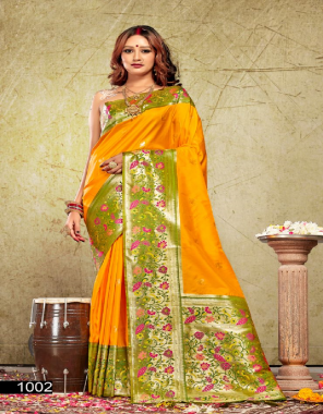 yellow paithani silk saree with unstitched blouse  fabric plain work wedding 
