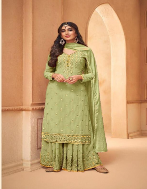 green top- heavy faux georgette with embroidery stitch work with santoon inner attache with daimonds stone work i bottom- heavy faux georgette with full heavy embroidery work santoon (faux georgette 2.30 m) (heavy santoon silk 2.25 m) i top inner- santoon with joint top- bottom inner- santoon without stitching i dupatta- heavy nazmeen dupatta with swarovaski daimond work i length- max upto 44