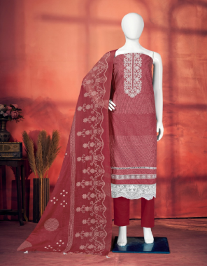 maroon top- cotton ink print with embroidery work and lace i bottom- cotton solid dyed i dupatta- cotton print white tassel work  fabric embroidery  work casual 