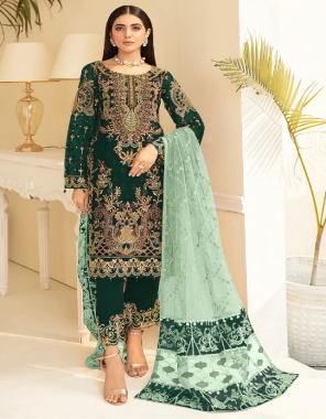 green top- heavy georgette with embroidery sequence heavy work i bottom- heavy santoon silk i dupatta- heavy butterfly net with embroidery full heavy work 4 side readymade lace i top length- max upto 43