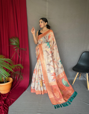 orange chanderi silk i digital print with floral katha stitch i golden zari rich pallu and golden motifs i  fabric printed work running 