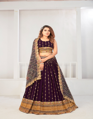 purple lehenga- viscose georgette with multi color thread embroiedry with sequin work i dupatta- viscose georgette print with heavy embroidfery i top- multi color thread embroidery with sequin work i size- 38 ready i 2-2 inch margin extended 44 i sleeve inside  fabric sequin work work wedding 