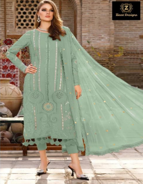 green cambric cotton embroidered moti work and sequin work (semi stitched) i net border embroidered with moti work i cotton bottom (unstitched) (pakistani copy) fabric embroidery work casual  