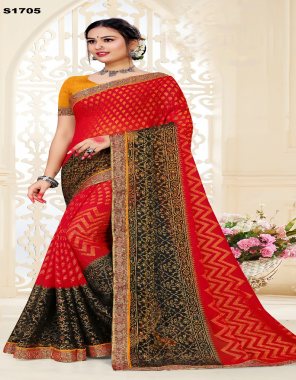red fabric- d no. s1705-chiffon brasso i saree- 5.50 m i blouse- 0.80 m  fabric printed  work festive  