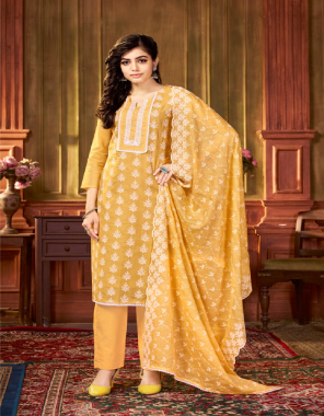 yellow top- cotton kota dyed with shiffli embroidery work i bottom- cotton solid dyed i dupatta- cotton kota dyed with shiffli embroidery work  fabric embroidery  work running 