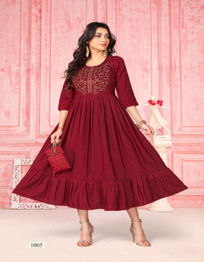 maroon stone work frock style kurtis  fabric embroidery  work party wear 