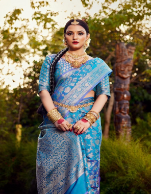 sky blue soft lichi silk beautiful rich pallu & jacquard pattern work i contrast with exclusive jacquard border  fabric jacquard work work party waer 