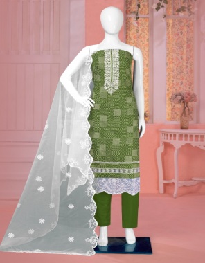 green top- cotton ink print with embroidery work and lace i bottom- cotton solid dyed i dupatta- organza dyed with emroidery work  fabric embroidery  work casual 