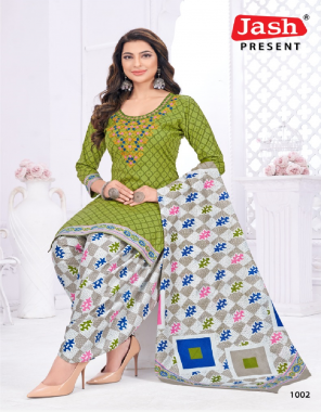 green cotton i neck embroidery work i top- 2.35 m i bottom- 2.00 m i dupatta- 2.35 m  fabric embroidery  work running 