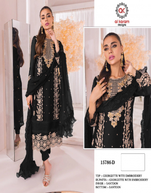 black top- heavy georgette with heavy embroidery (3mm) glitter sequence work i top inner- attach heavy santoon i bottom inner- heavy santoon with work lace i dupatta- heavy georgette with heavy embroidery 2 side lace (3mm) sequence work with 2 side flairs i top length- max upto 53